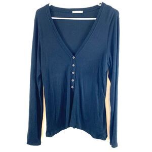 Marine Layer Lexi Ribbed 5 Button Henley V-Neck Long Sleeve Black Basic XL